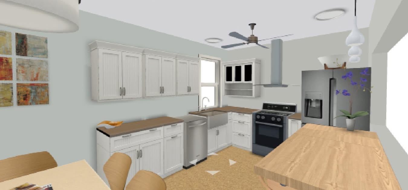 Design render of a kitchen with white cabinets and a wood island
